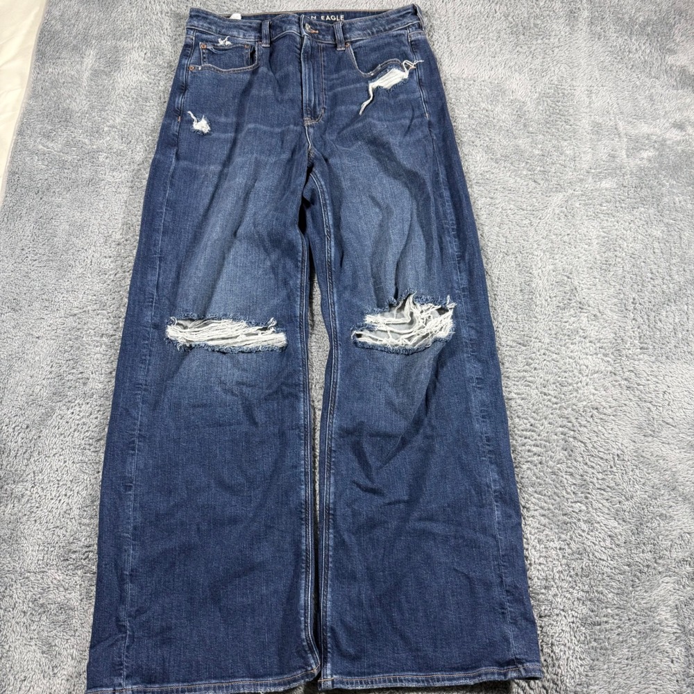 American Eagle Outfitters Dark Blue Distressed Wide Leg Jeans